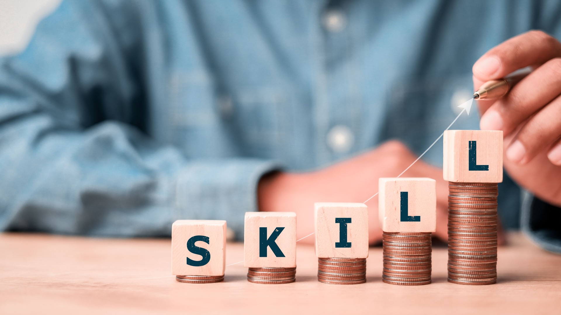 skills icon on wooden cube. Upskilling and personal development concept. Skill training, education, learning, ability. Upskilling, reskilling,