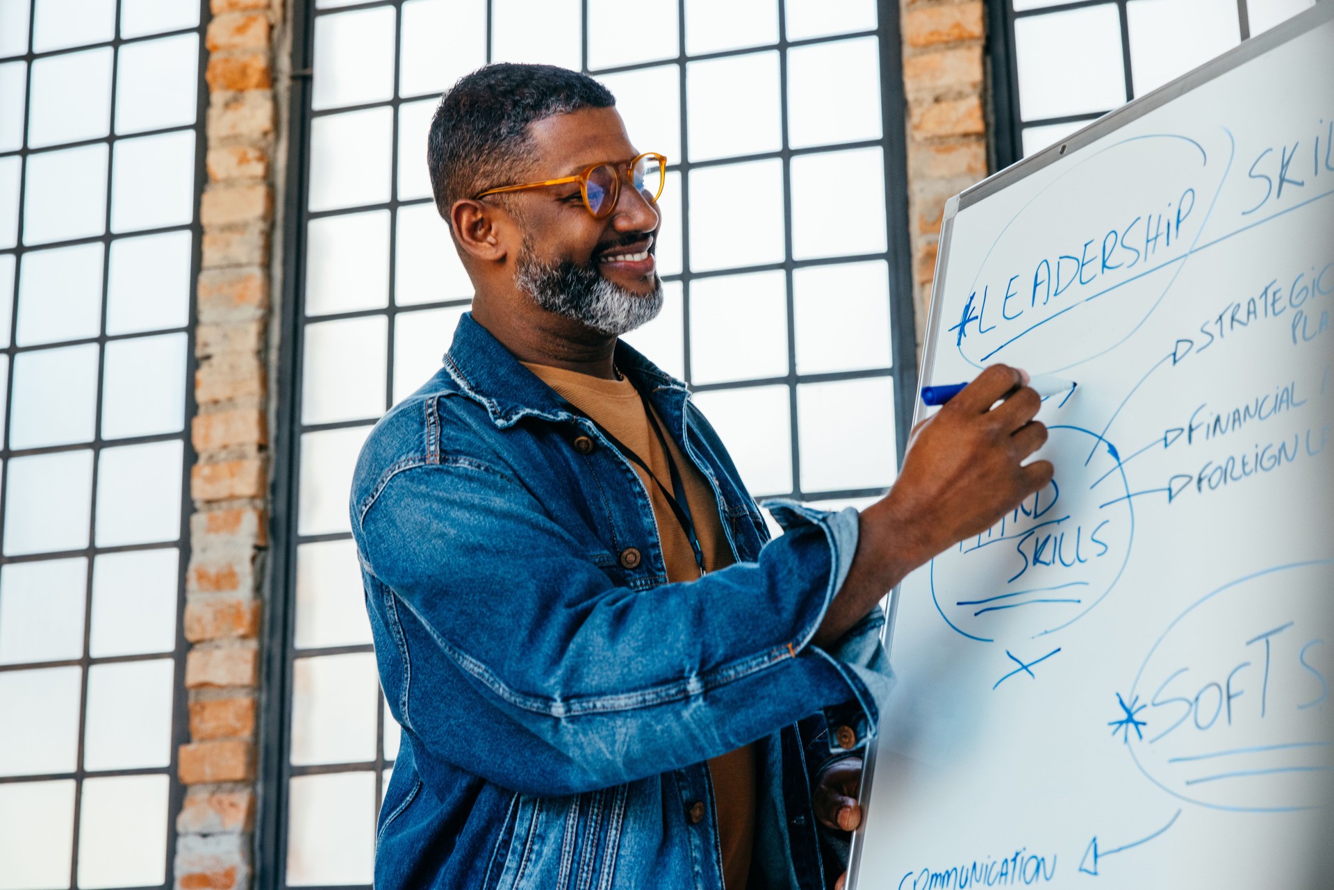 Confident speaker explaining leadership skills during a training session with a focus on personal growth and development